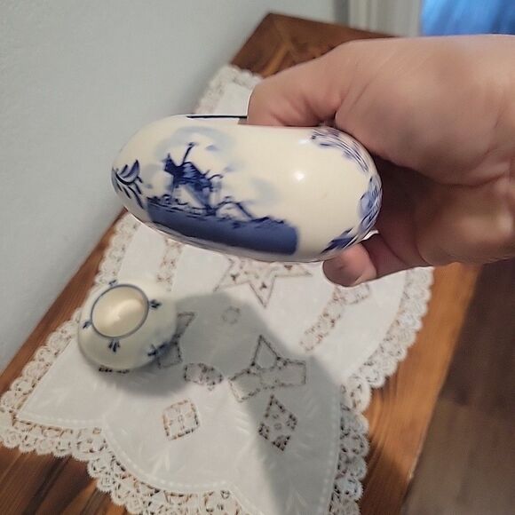 Pair Vtg Dutch Delft Blue Floral Tealight Candle Holders Holland Heart & Round - Picture 8 of 16